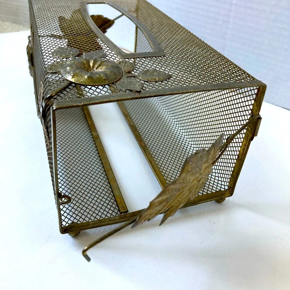 Midcentury Tissue Holder Cottagecore Gold Toned Mesh Ivy Flowers